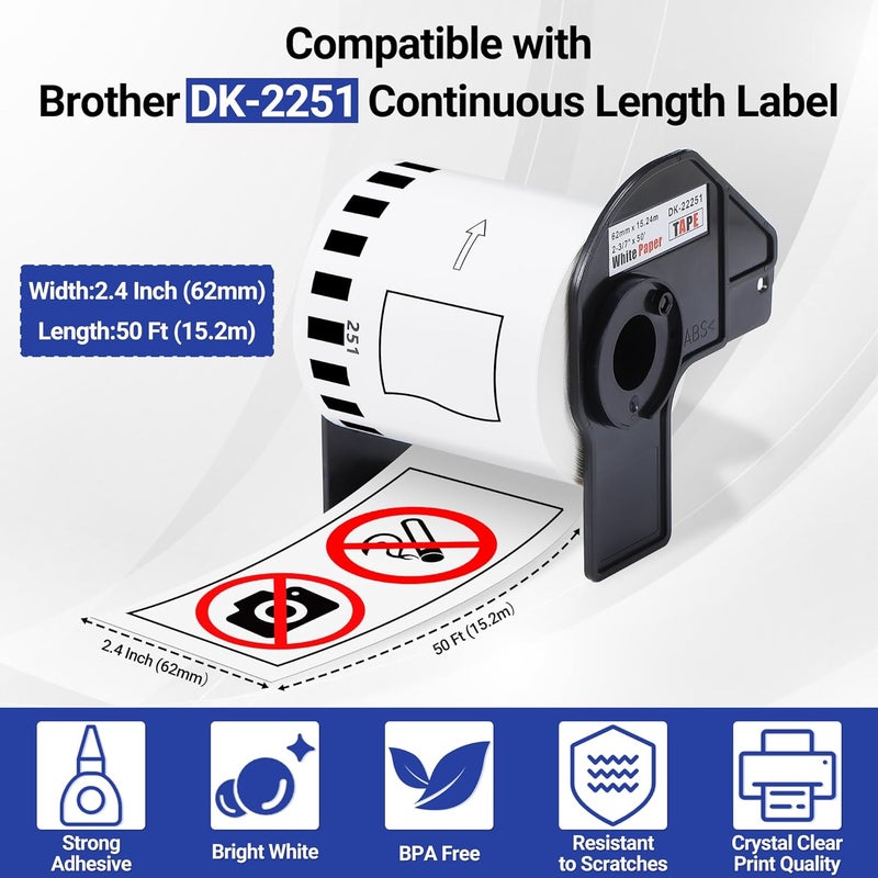 Wonfoucs 6 Rolls DK-2251 Continuous Length Replacement Labels Black/Red Label on White Paper Tape, Compatible Brother DK2251 Continuous Length Label Roll for QL-800, QL-810W, QL-820NWB, 2.4” x 50 feet - Image 2